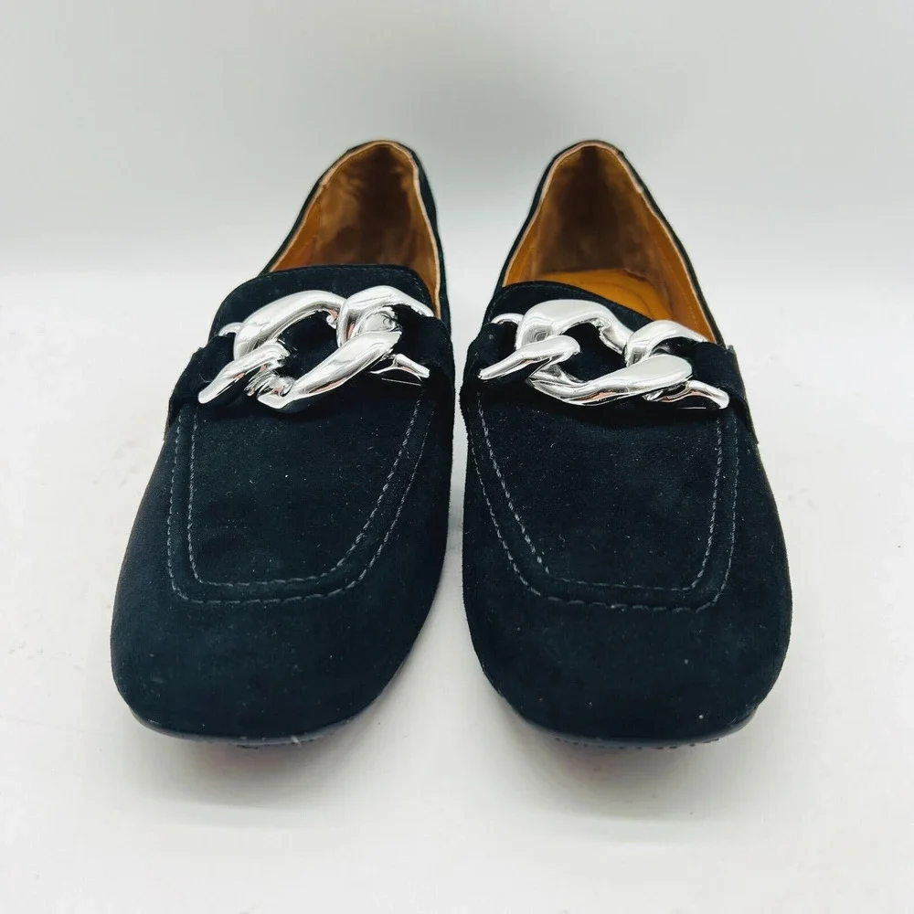 Donald Pliner Shoes Womens 7.5 Black Suede Loafer Chain Casual Chunky Bristol - Picture 5 of 12